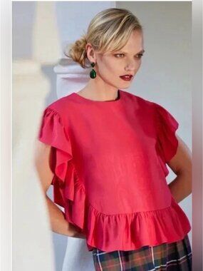Trina Turk Siara RUFFLE Poncho FLUTTER SLEEVE Top Dragon Fruit Pink magenta XS